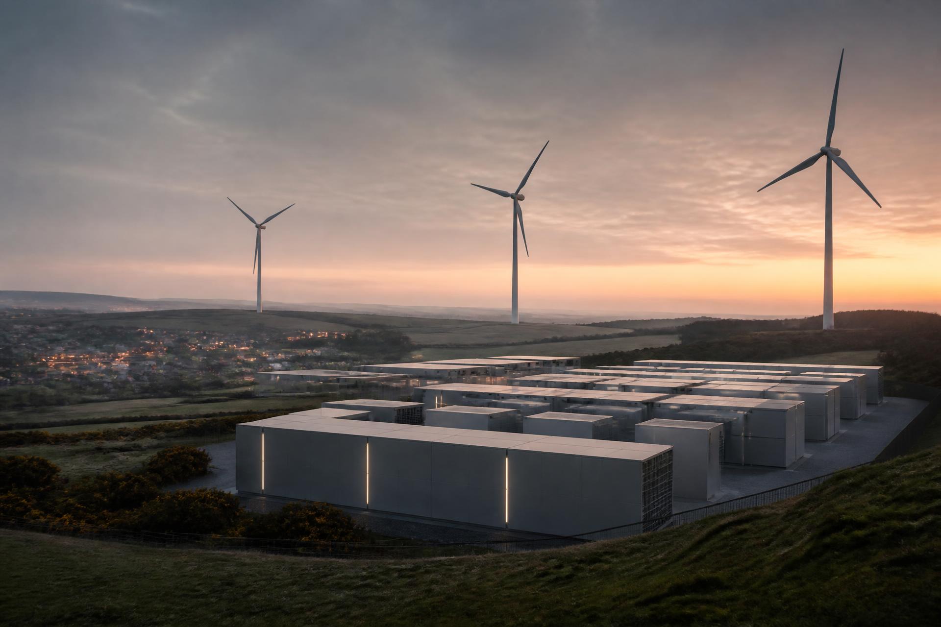 Modern clean energy infrastructure — battery storage and wind turbines above a town at dusk